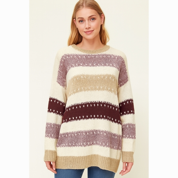 Staccato Womens Crew Neck Striped Purple & Beige Pullover Knit Sweater szS NWT - Picture 1 of 9